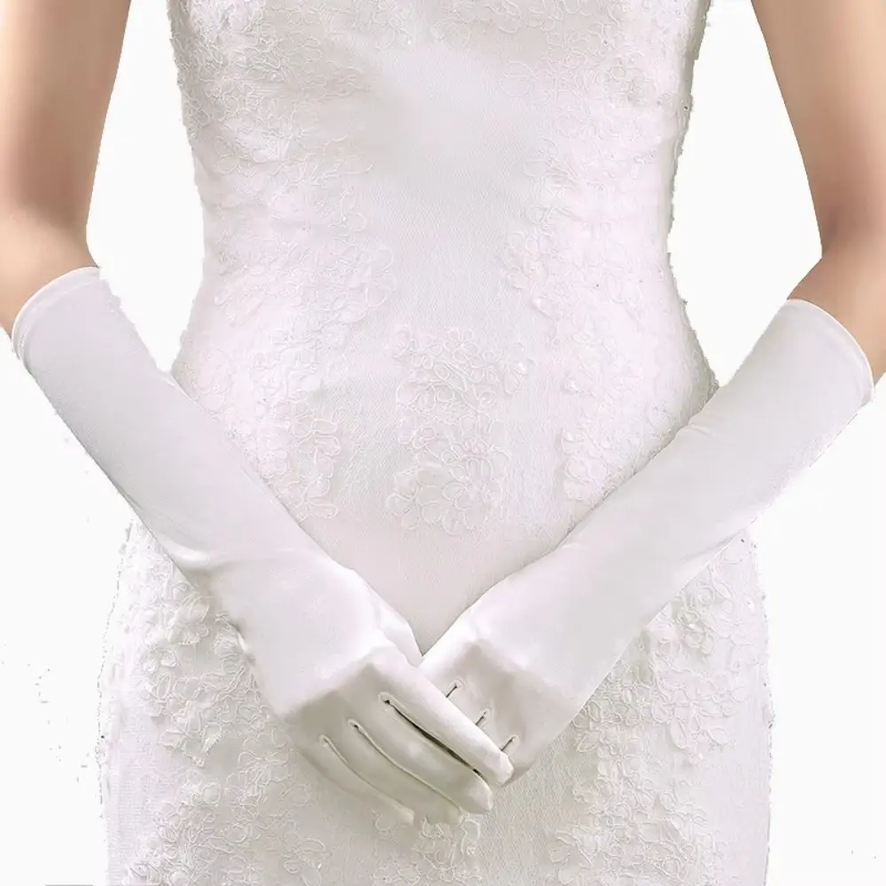 1Pair Women's Evening Party Formal Gloves Solid Color Satin Long Finger Mittens for Events Activities Red White Rose Color