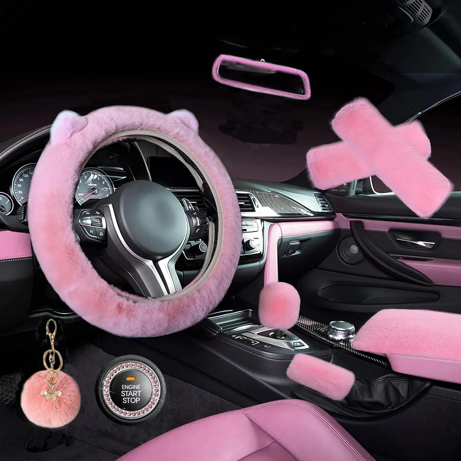 ZYNQACC 9-Pack Synthetic Cute Bear Fluffy Car Interior Accessories & Ornaments for Women - 15-in Universal Steering Wheel Cover, 20*30cm Armrest Cover, 3cm Bling Car Sticker, 4-Season Holiday Decor (Pink), Car Interior Ornaments