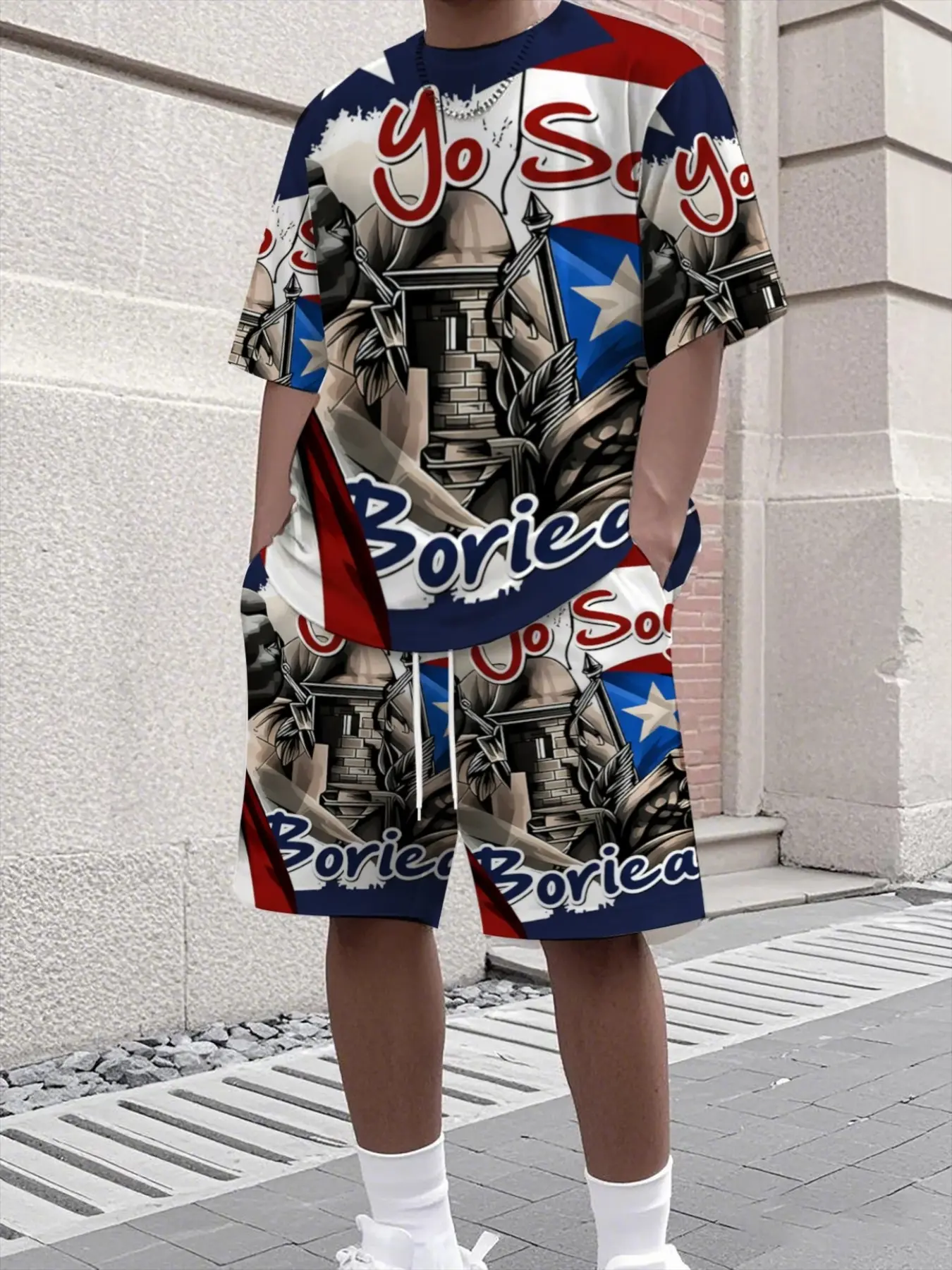 Men's 3D Short Sleeve T-Shirt and Shorts Set, Puerto Rico Theme 3D Digital Print, Casual Slim-Fitting Tee, Fashion Streetwear