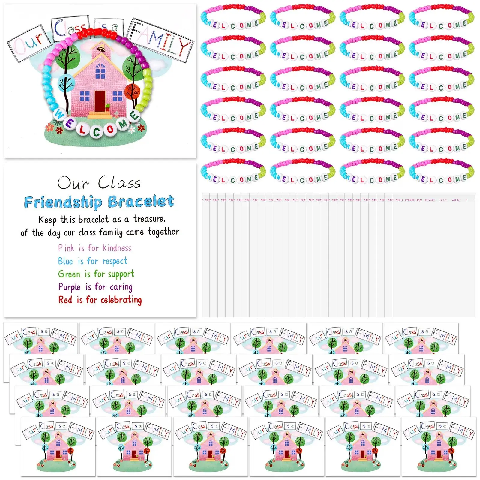 Colorful Back to School Friendship Bracelet Gift Set - Plain, Color-Coded for Meaningful Messages, Family Theme Greeting Card, Portable Bags, for Teachers' Welcome Gifts, Kindergarten-Elementary Students