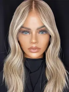 13x4 Front Lace Women's Wig, 14 Inch Glitter Gold Wave Style, 150 Density Real Hair,Human Hair Ombre  Highlight Blonde Soft Smooth Fiber, Pre-Trimmed Baby Hair