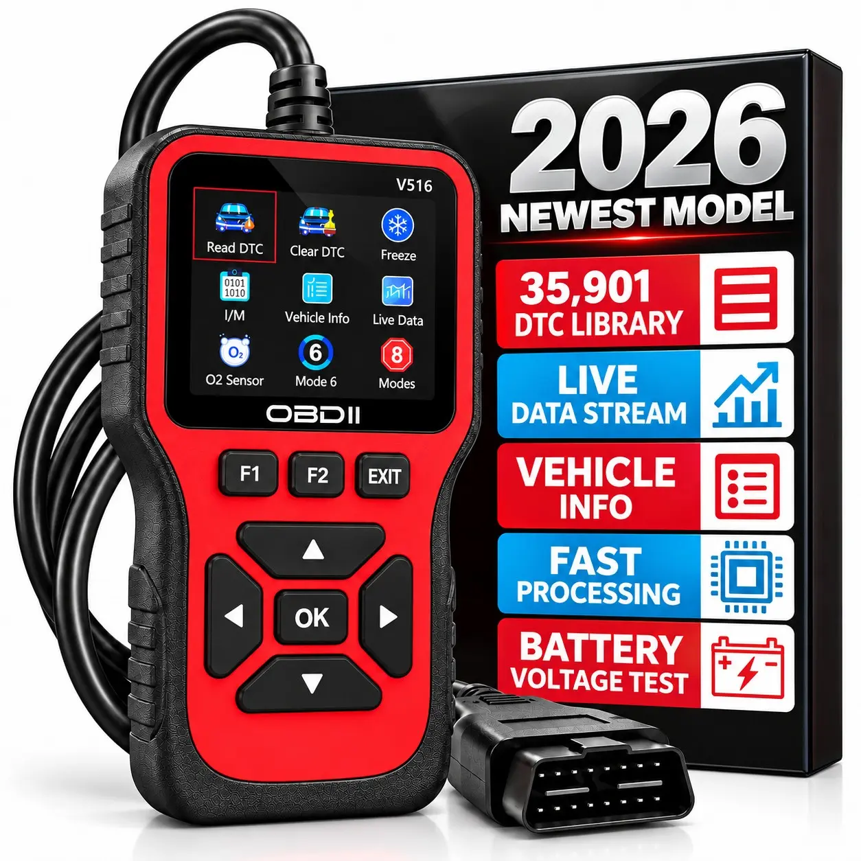V516 Obd2 Scanner Automotive Diagnostic Tool for Car, Professional Obdii Code Reader, Color Display, Live Data Stream, O2 Sensor Test, 12V Auto Scanner