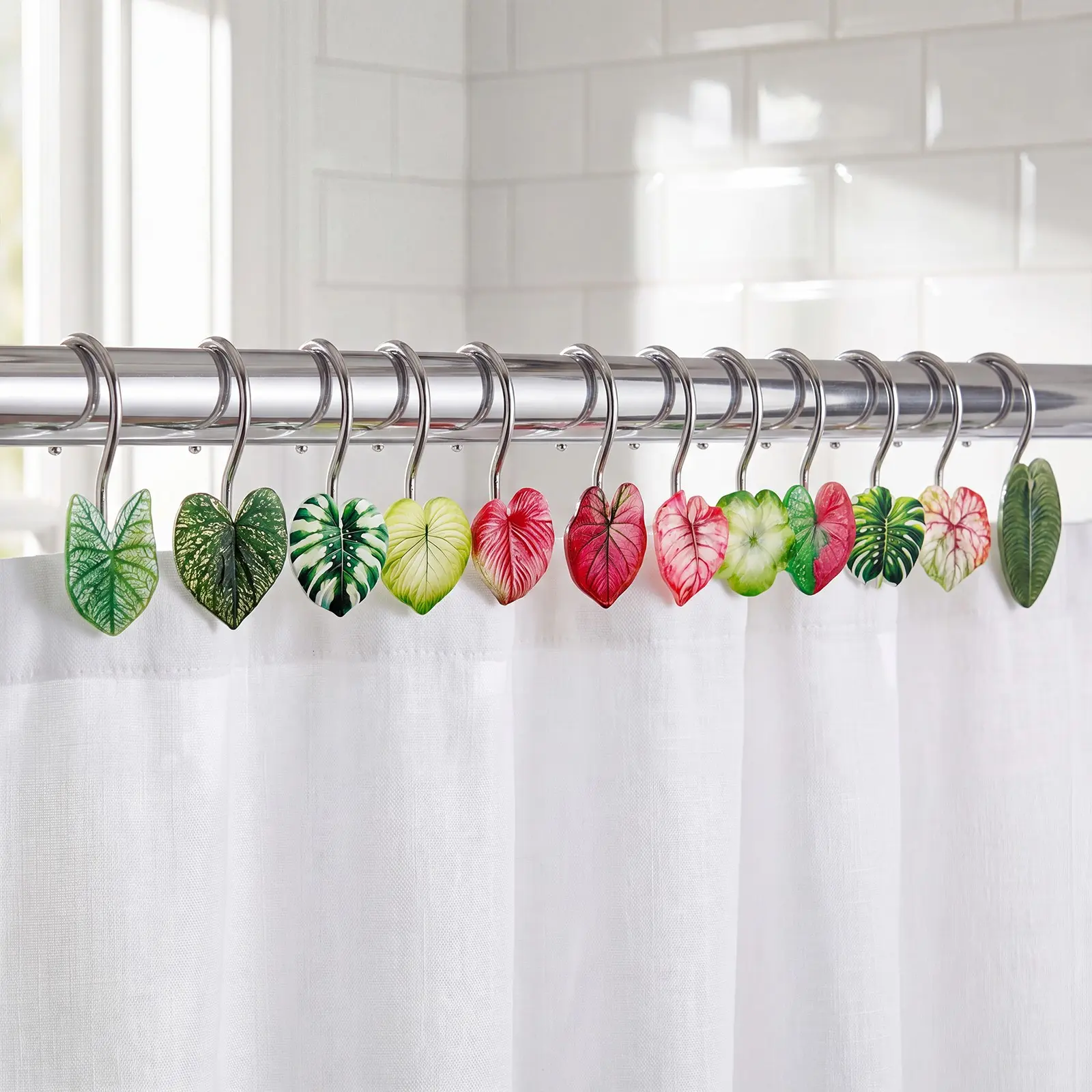 12-Pack Tropical Rainforest Acrylic Leaf Shower Curtain Hooks, Bathroom Decor Accessory, Silver Color Metal with Resin Decor, Waterproof Bathroom Accessories, No Drilling Required