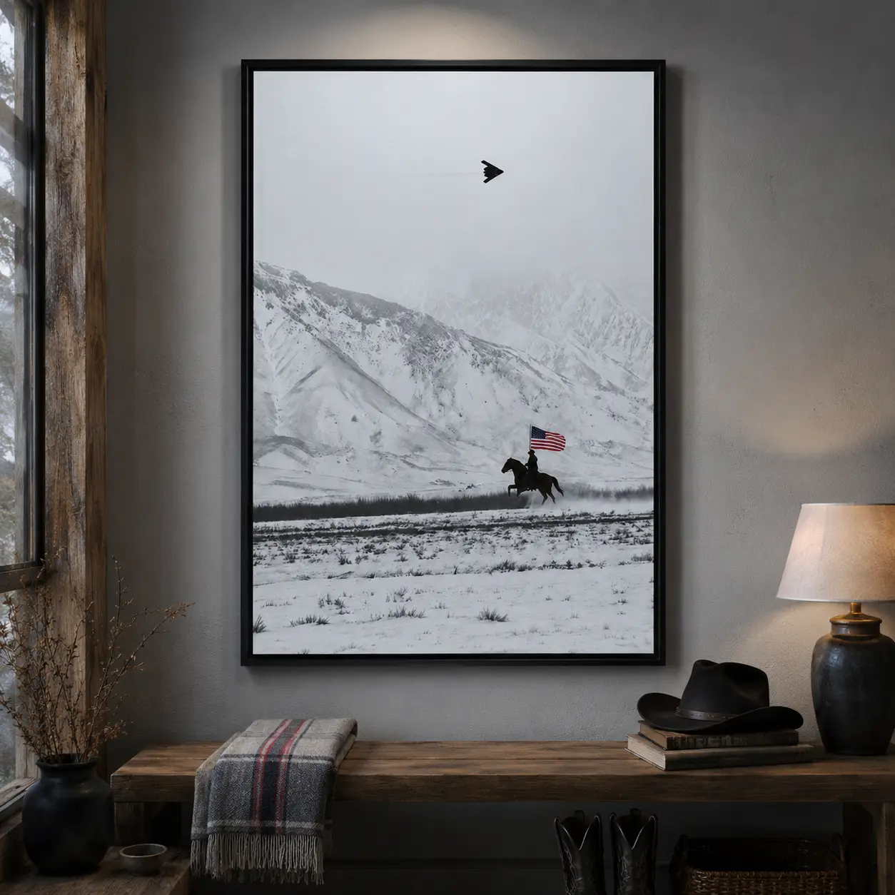 Cowboy on Horse and B2 Spirit Flying Satin Poster- America Western Mountain Wall art military aviation poster western home decor Aviation poster print aviation wall art satin poster aviation themed poster military wall art patriotic flag