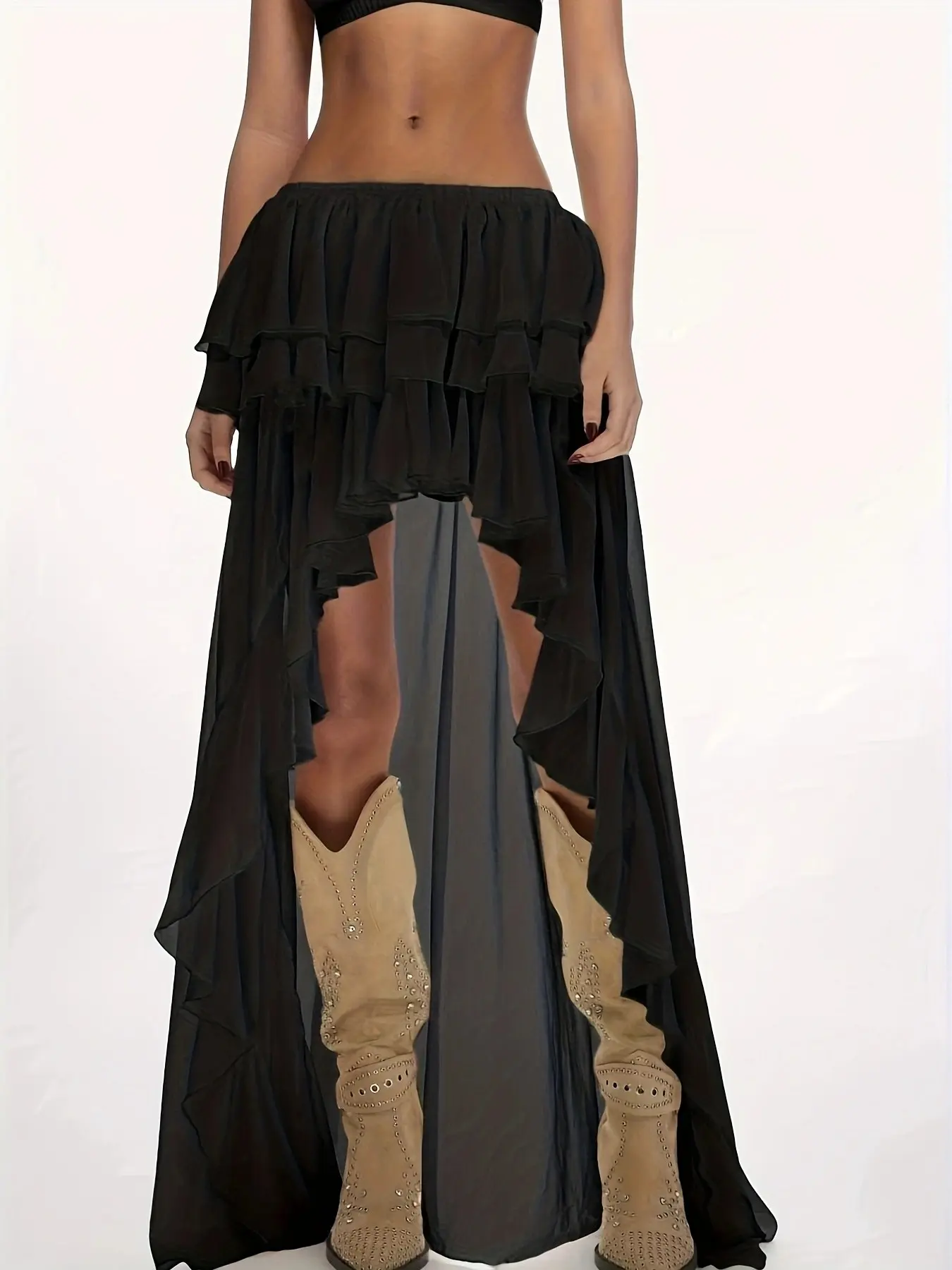 Boho Style Asymmetrical Long Dress, Layered Ruffle Design, Perfect for Festive Occasions, Western Dance Performance, Elegant Party Evening Wear