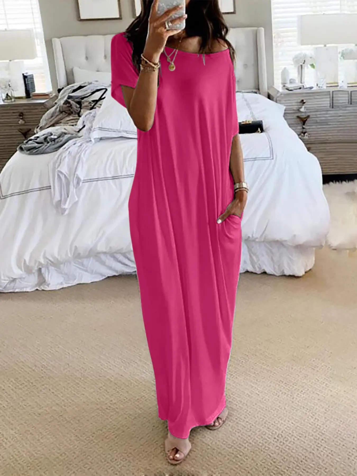 Casual Loose Fit Slimming Off-Shoulder Sleep Dress Nightwear, Loungewear, Long Flowy Home Dress with Side Pockets, Breathable Lazy Wear for All Seasons