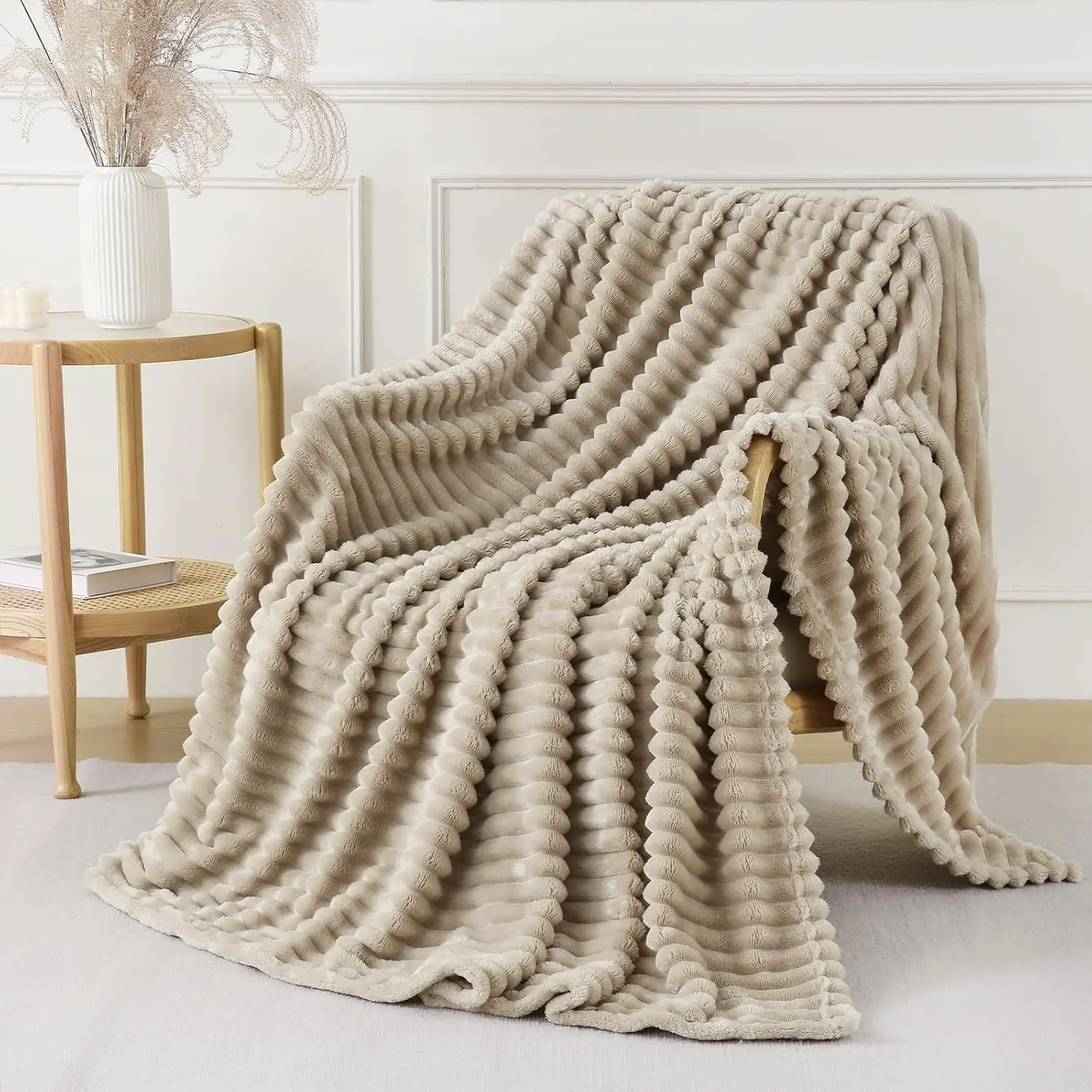 Khaki Throw Blanket for Couch Sofa 50x70 inches Striped Design |   Fleece Blankets Room Home Decor Lightweight Plush Soft Cozy Gifts for Women Mom