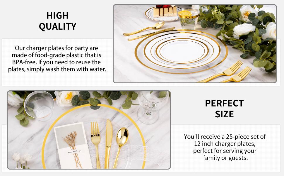 25pcs Clear & Gold Charger Plates 12-inch Reusable Elegant Tableware for Dinner Wedding Parties Photo-ready Stylish Design