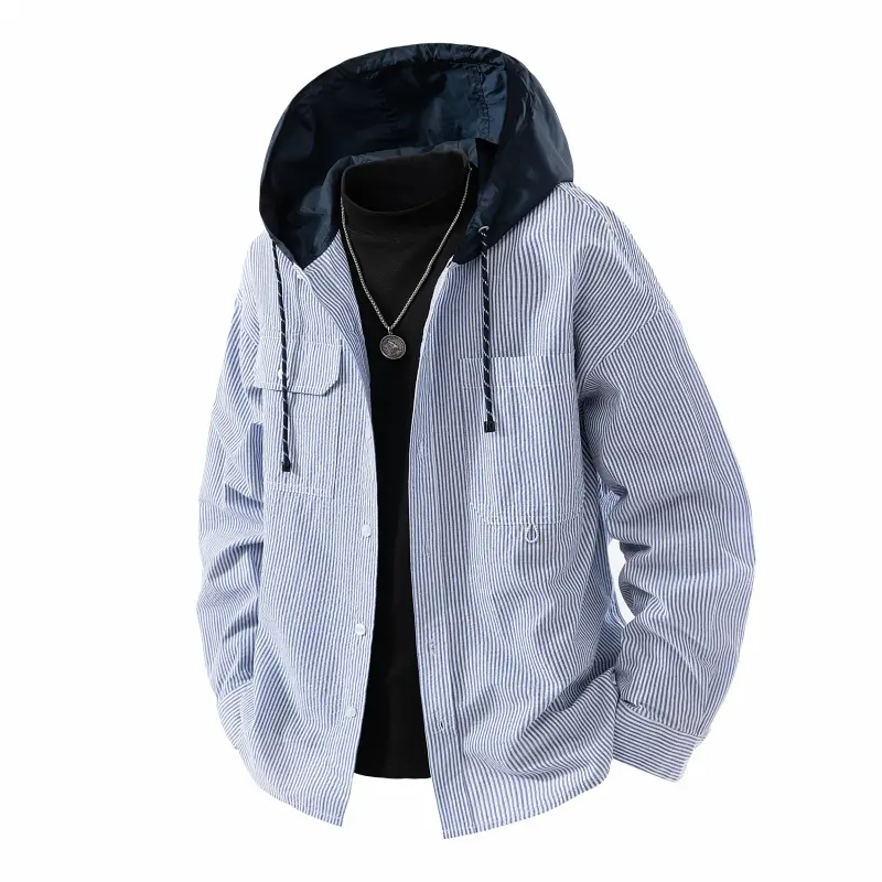 Men's Soft Cotton Hooded Striped Plaid Overshirt Tops - Removable Hood, Button Closure, Chest & Side Pockets, Longsleeves, Lightweight, Relaxed Loose Fit, Medium Length Stylish Jacket for Daily Commute, Outdoor Walking, Spring Autumn