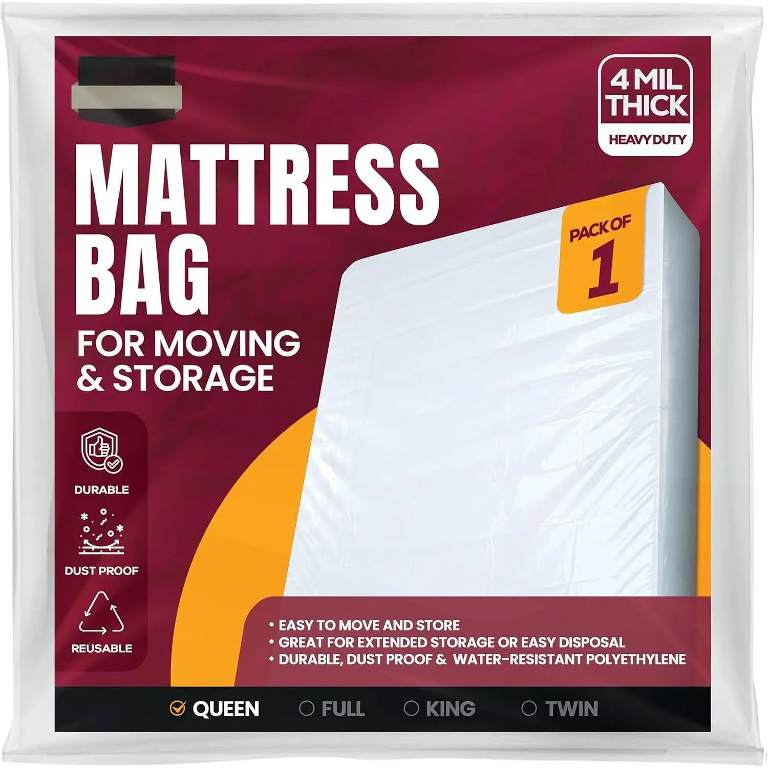 Size Mattress Cover for Moving, 4 Mil Heavy Duty Plastic Mattress Bag for Disposal, Mattress Encasement Fits Mattresses up to 14 Inches, Mattress Bags for Moving