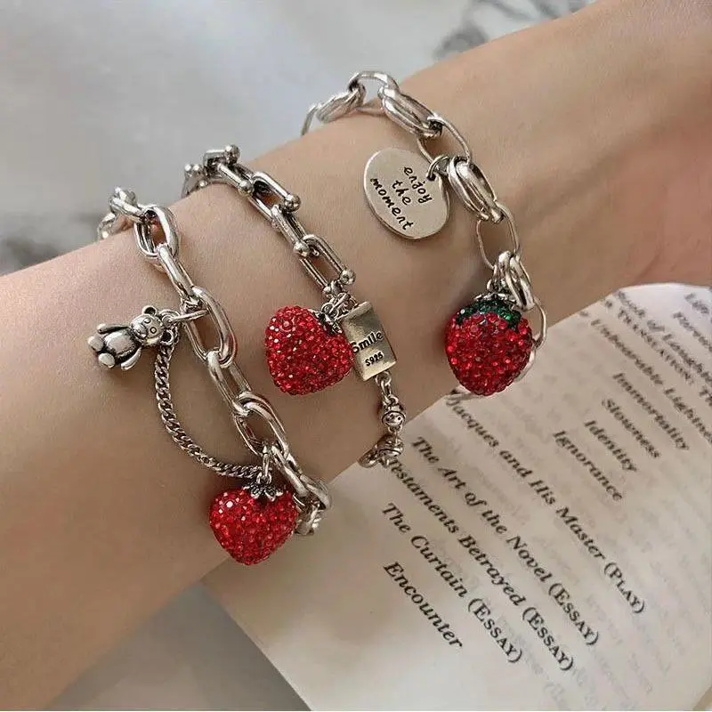 Women's Nylon Sports Wristband - Thick Chain Stackable Bangle, Sparkling Rhinestone Zircon Strawberry Charm Bracelet, Dainty Party & Daily Outfit Jewelry Accessory, Party Wear