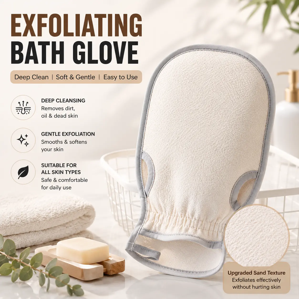 Bath Glove, 1 Count Portable Simple Durable Body Scrubber, Exfoliant Scrubber Glove, Efficient Cleansing Body, Gentle Exfoliating,  Multi Cleaning,Bathroom Supplies-YY1