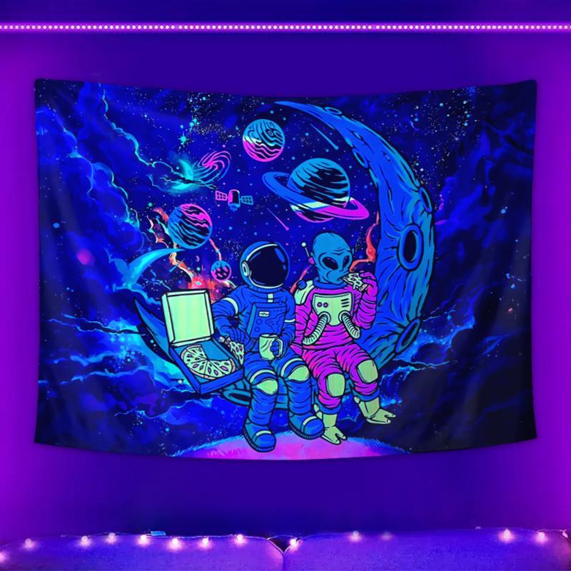 Astronaut Pattern Fluorescent Tapestry, 1 Count Dark Themed Light Tapestry, Cool Milky Way Space Starry Sky Tapestry, Living Room Bedroom Aesthetic Decor Wall Hanging, Tapestry Wall Mural