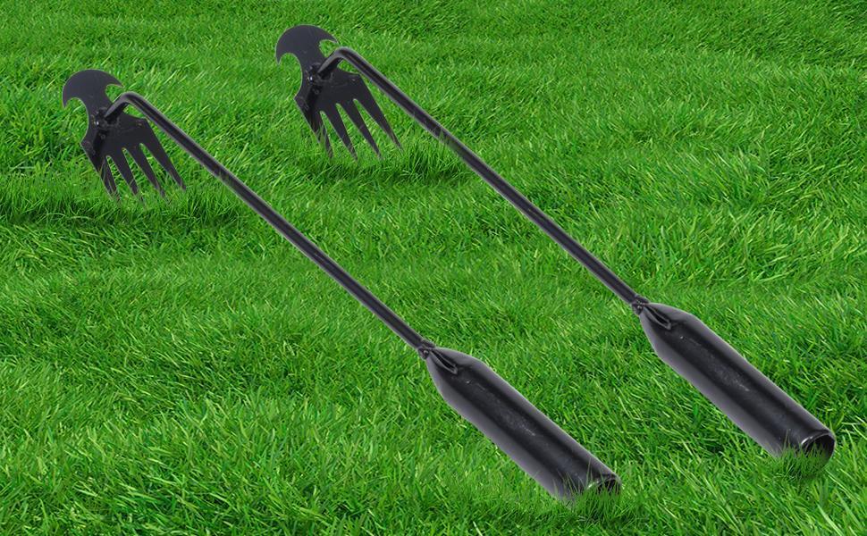 Garden Weed Pulling Tool Uprooting Weeding Tool, 4 Teeth Weed Puller Tool Manganese Steel Garden Weeder Tool for Vegetable Gardening Planting (Black, 2 Pack, 16 inches) weed puller tool garden weed