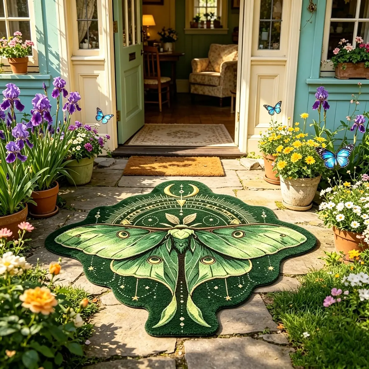 1 Piece Luna Moth Irregular Carpet Rug, Cozy Area Rug, Green Witchy Moon & Star Celestial Pattern, Ultra-Soft Non-slip Machine Washable Floor Carpet Rug, Ideal For Porch Entryway & Forest Cottage Home Decor, Decorative Rug