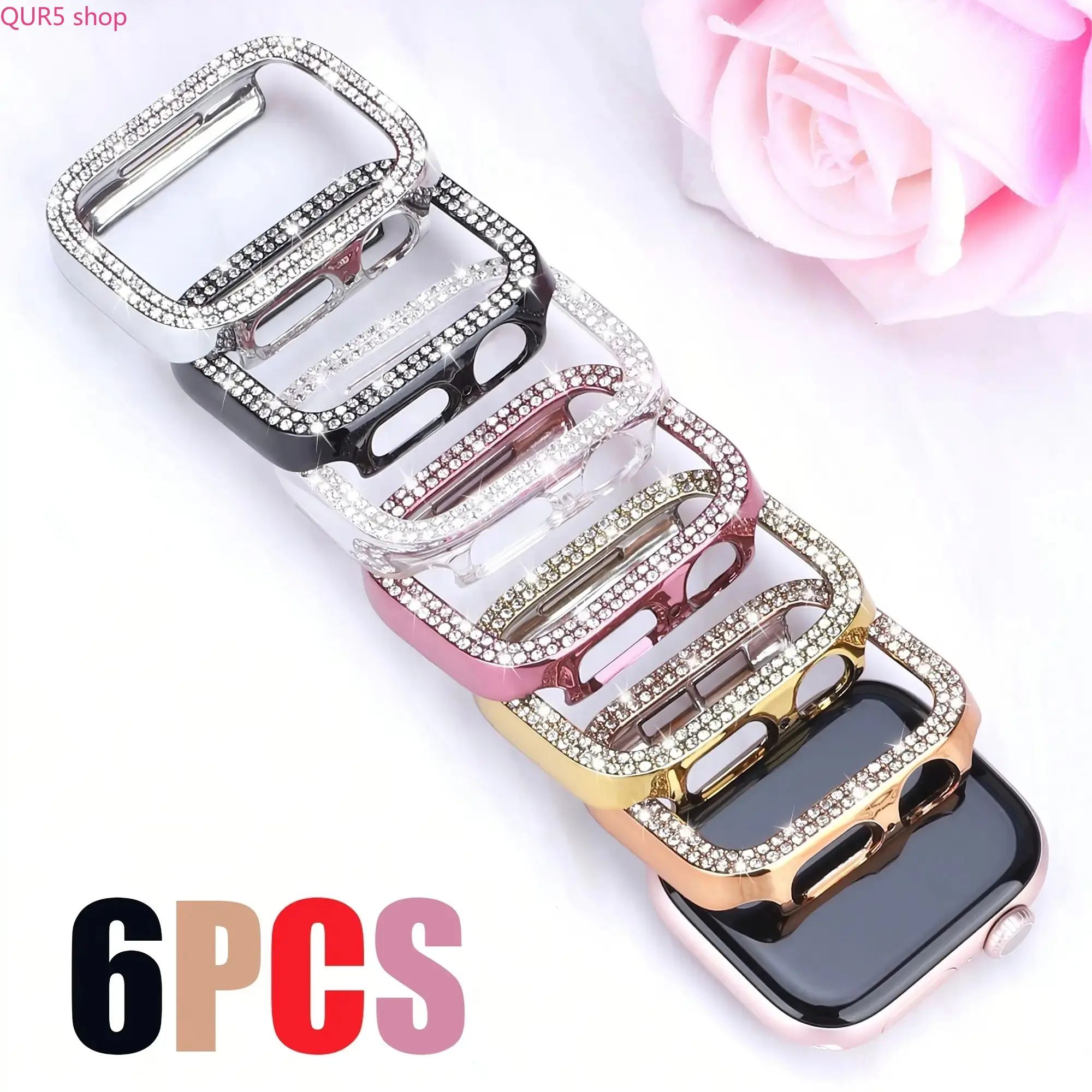 2026 NEW 6-Pack Double-Row Rhinestone Apple Watch Protective Cases, shiny luxury bling frames packaged in blister pack, compatible with iWatch Series 4-11 & SE, sizes 40/41/42/44/45/46mm, scratch-resistant decorative bumper for women daily and formal matc