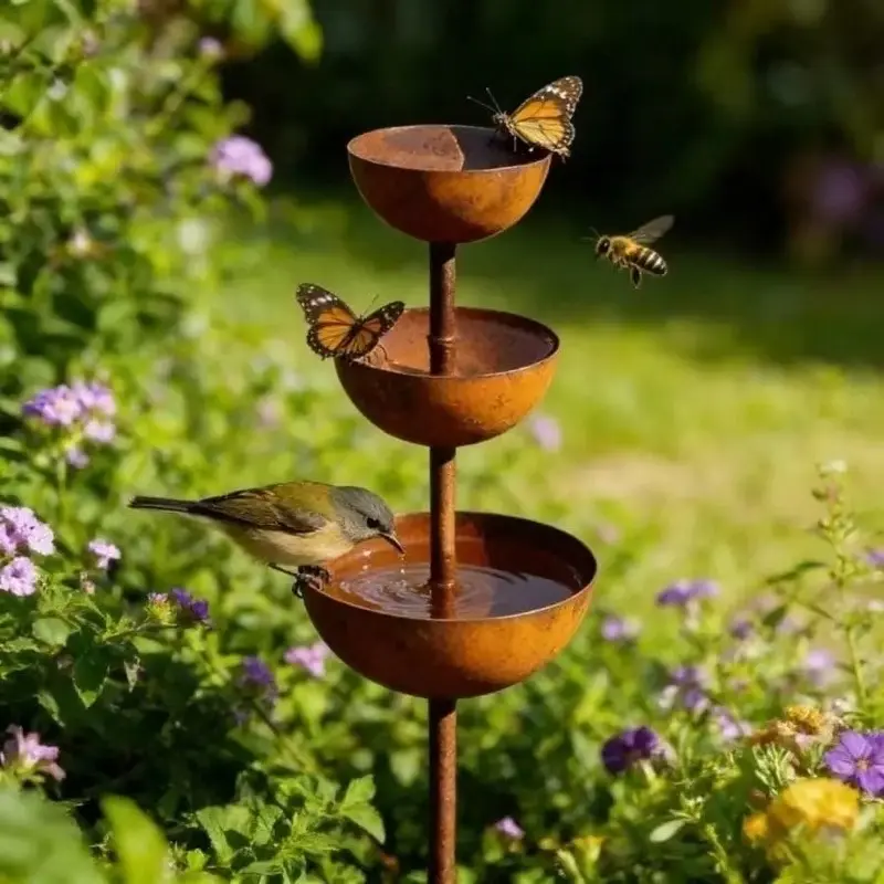 1pc Vintage Iron Rainwater Collector, Integrated Bird Feeders For Outdoors & Bee Watering Device, Outdoor Garden Decor, Attracts Hummingbirds & Wildlife