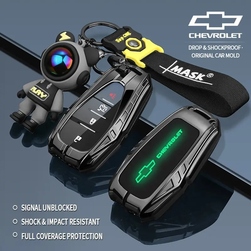 Suitable for Chevrolet Equinox, Malibu, Cruze, Blazer, Trax, Camaro, Orlando, Traverse metal car key protective case, protective cover, remote control cover, key case, keychain, car gadget, keychain accessory, mech-style, backlit logo