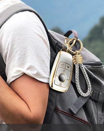 for Mercedes Key Fob Cover with Metal Braided Rope Keychain, Upgraded Soft Case for Benz GLC GLE GLA GLB GLS AMG A G Class (4 Buttons) Shell (Gold Edge, B2)