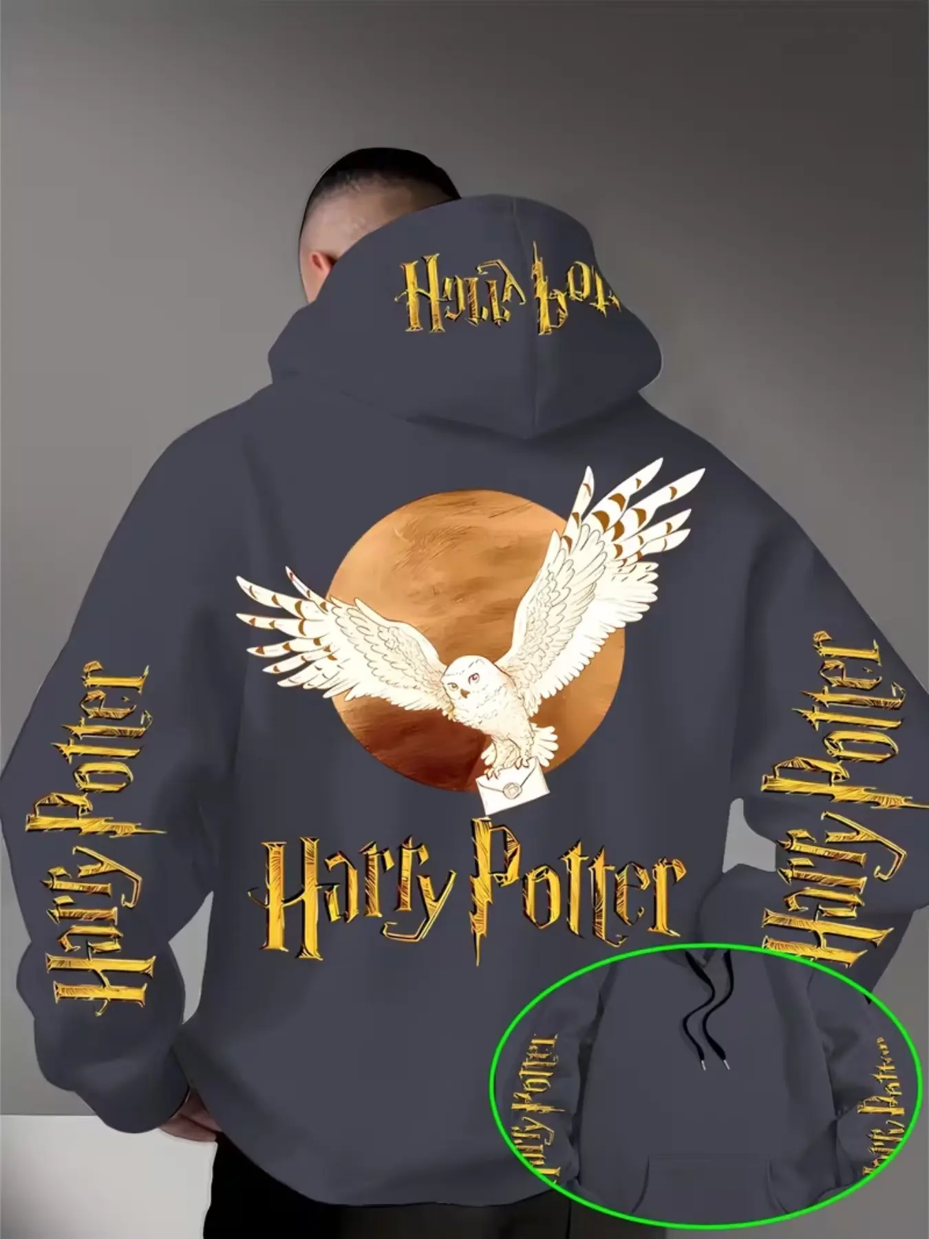 Warner Bros Men's Harry Potter Print Hoodie, Gold Owl Letter Pullover, Casual Magic School Streetwear, Loose-Fit All over Print