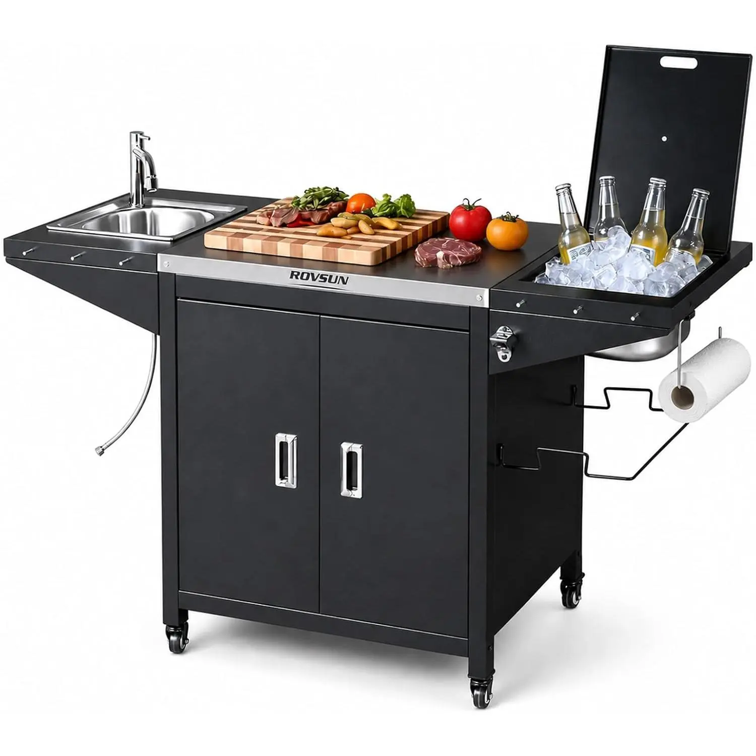 304 Stainless Steel Outdoor Functional Grill Cart - Rolling Prep Kitchen Island with Sink, Chilly Bin Cooler, Bottle Opener, Rubbish Rack, Cabinet, Single Unit for Patio Use, Functional Cart