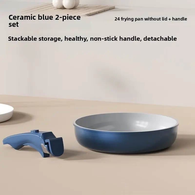 2pcs Stackable Ceramic Nonstick Cookware Set Detachable Handle Frying Pan Milk Pot Soup Pot for Home Kitchen