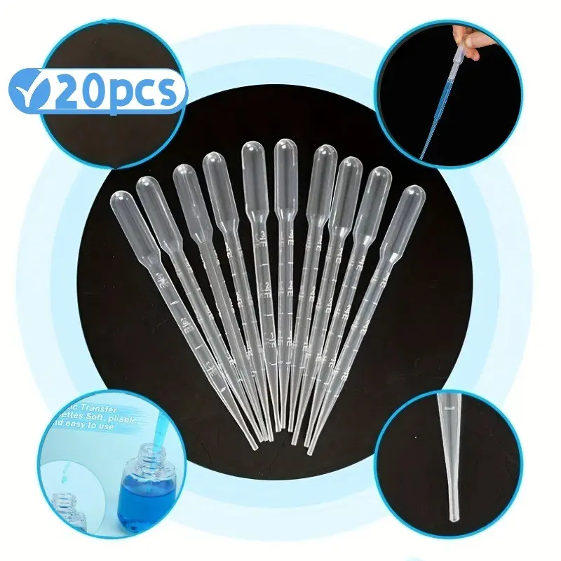 20 Pack 3ML Plastic Pipettes, Disposable Precise Measuring Droppers, Laboratory Transfer Tools, Precision Liquid Handling Equipment