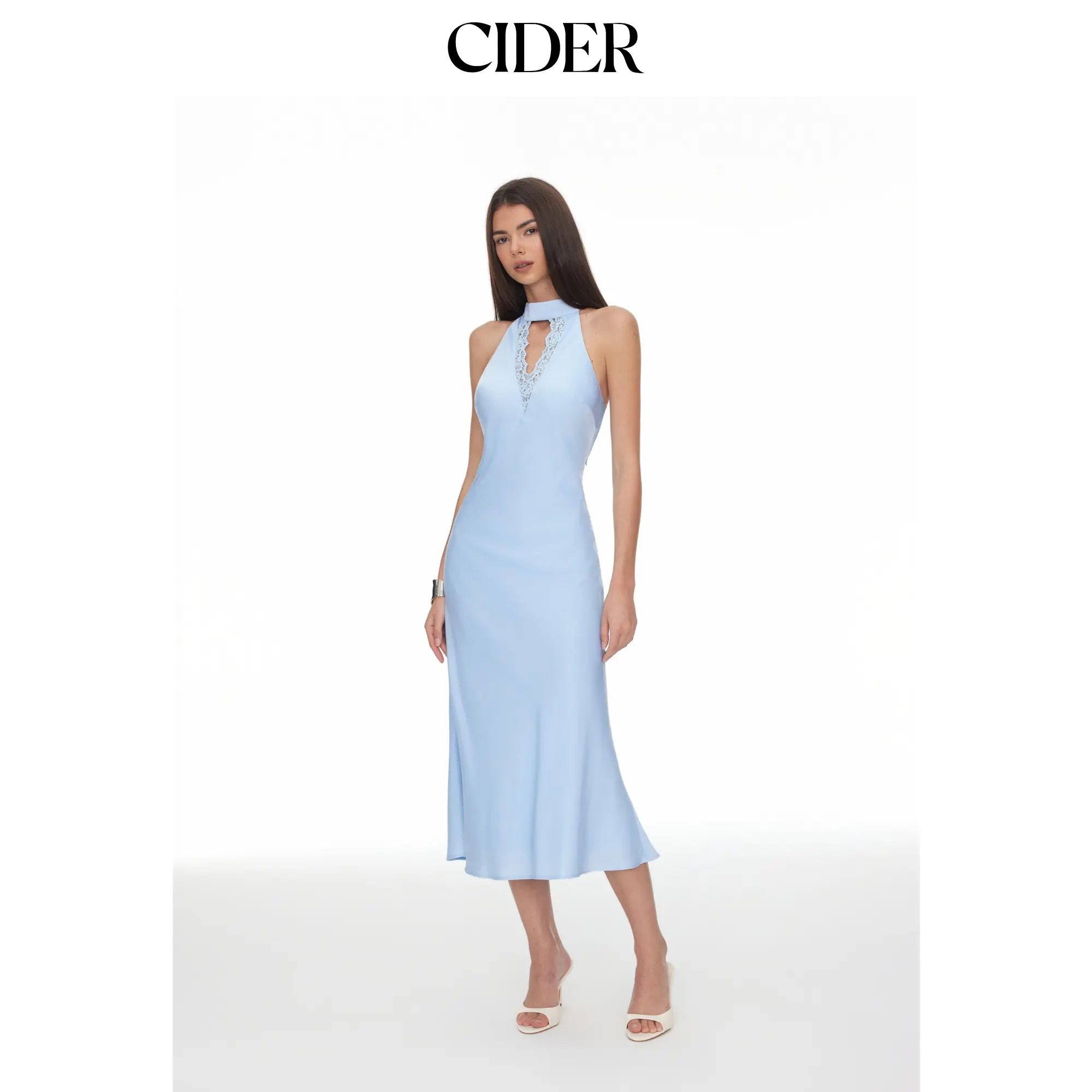 Cider Satin Halter Neckline Lace Panel Backless Mermaid Maxi Dress SohoChic