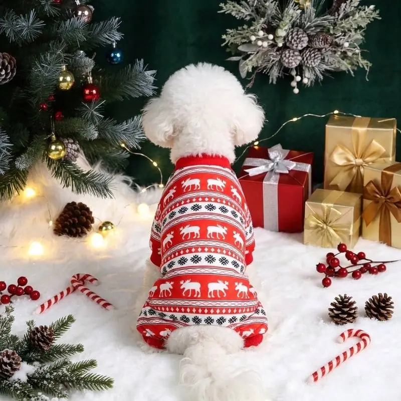 Christmas Dog Pajamas Onesie Pet Clothes, Classic Red Fair Isle Reindeer Snowflake Print Cat Apparel Outfit, Ugly Sweater 4 Legs Jumpsuit PJs, Winter Warm Sleepwear Rompers Xmas Holiday Party Cosplay Costume For Small Medium Large Dogs Cats Puppy