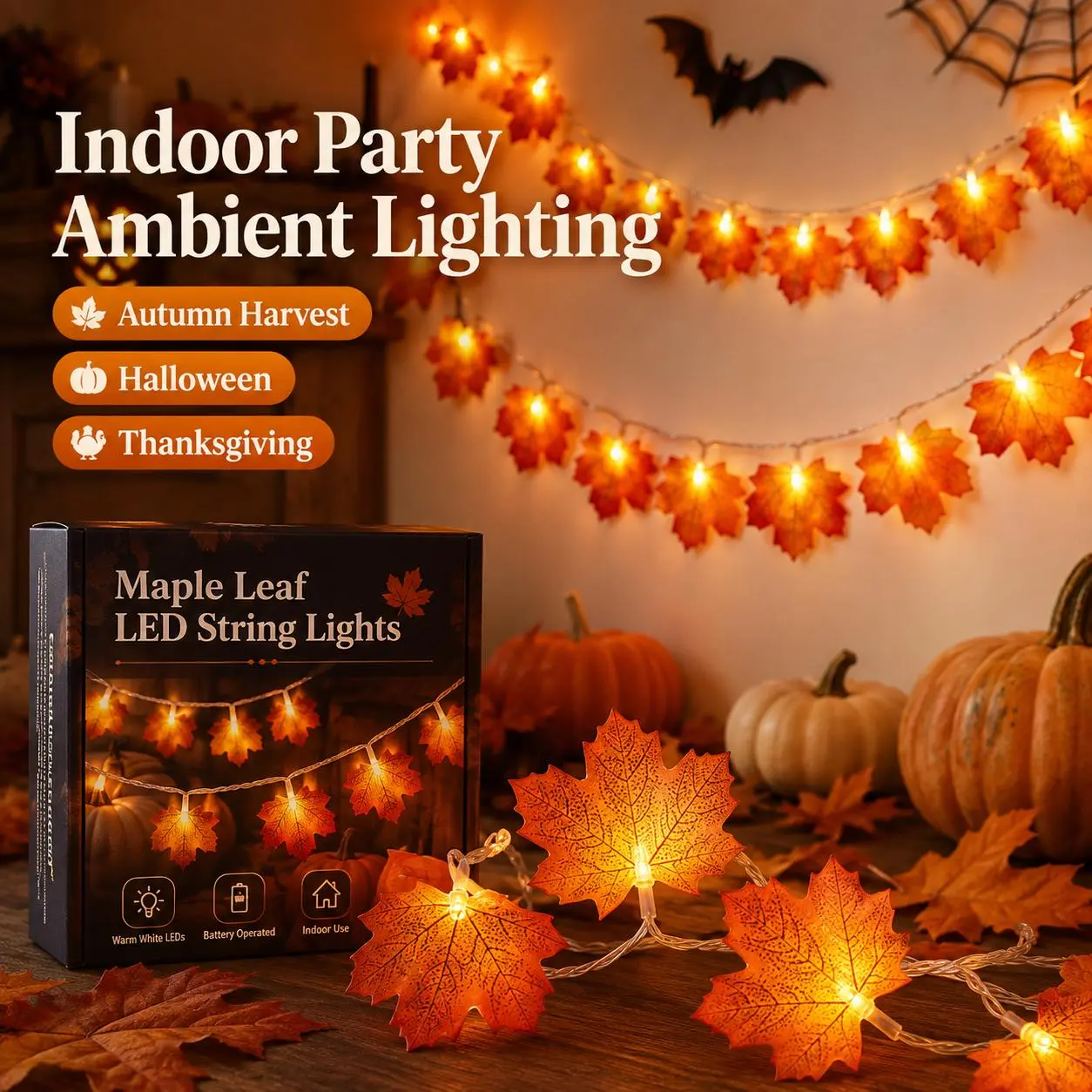 Maple Leaf LED String Lights, Warm White Artificial Leaf Fairy Lights, 1.5m / 3m / 6m Optional Hanging Decor Lights, Autumn Harvest, Halloween, Thanksgiving Home Indoor Party Ambient Lighting Ornaments