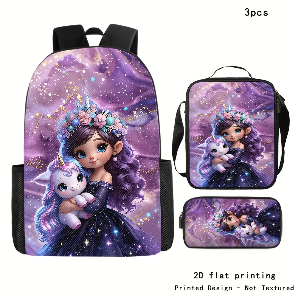 1pc/3pcs Dreamy Princess Unicorn Print Backpack, Suitable for Daily School Short Trips And Shopping, Multi-Compartment Storage for Personal Items, 2D Flat Printing Print Design - Non-Textured High Definition Print Trendy Casual Bag