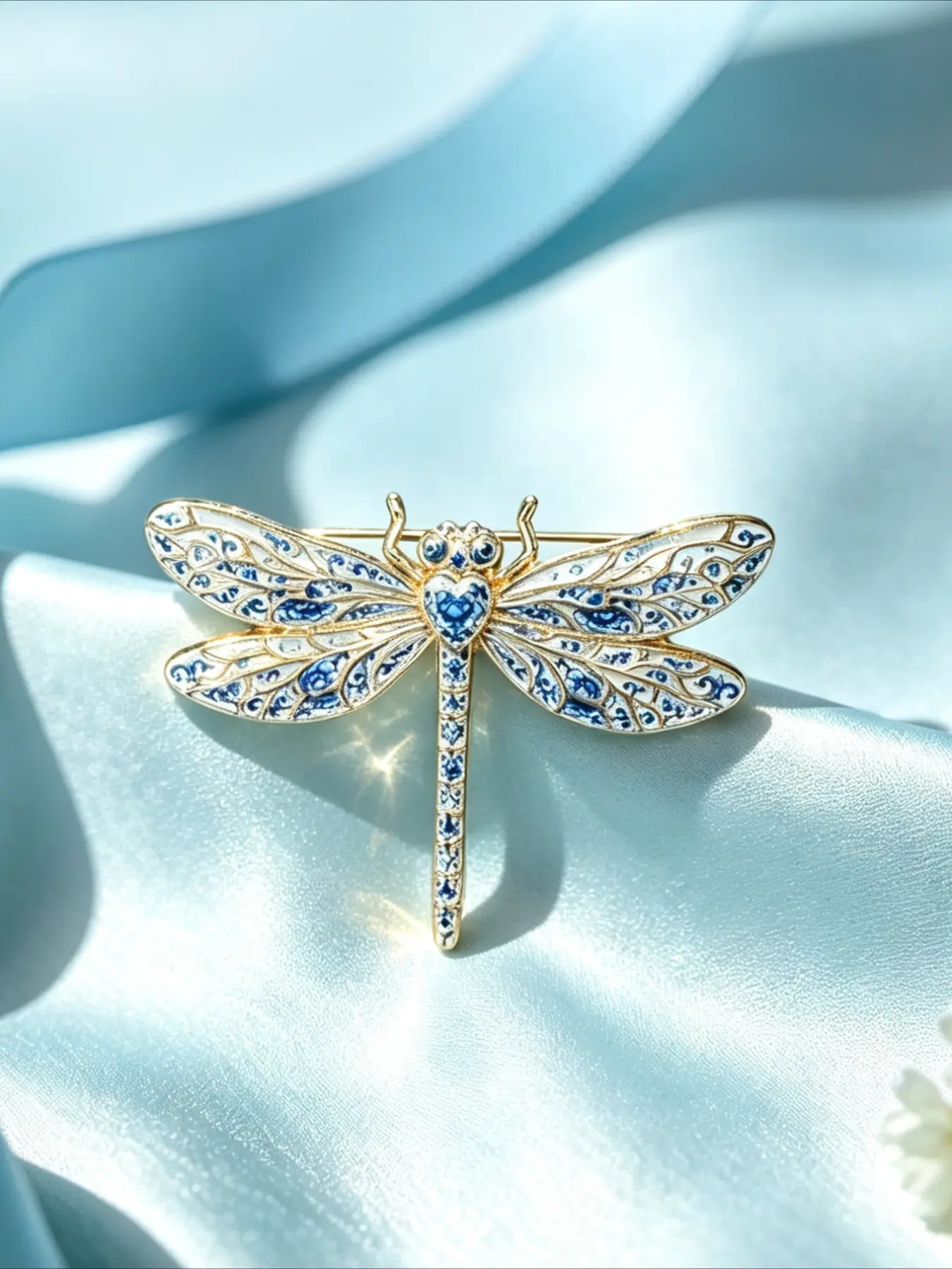 Blue and White Porcelain Dragonfly Brooch, Vintage Enamel Dragonfly Lapel Pin, Elegant Insect Badge for Suit Scarf Coat, Oriental Fashion Jewelry Gift for Women