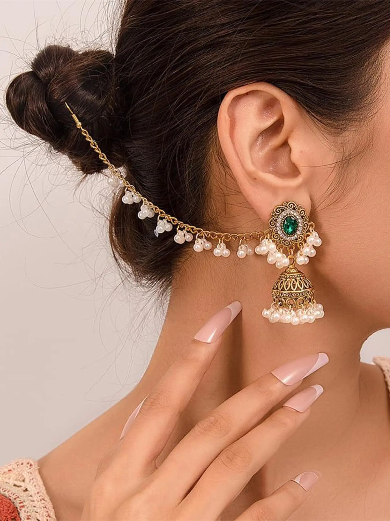 Indian Jhumka Earrings with Pearl Hair Chain for Women, Vintage Gold Emerald Green Stone Bollywood Style Earrings, Boho Gypsy Tribal Bell Tassel Drop Earring Body Jewelry Statement Piece