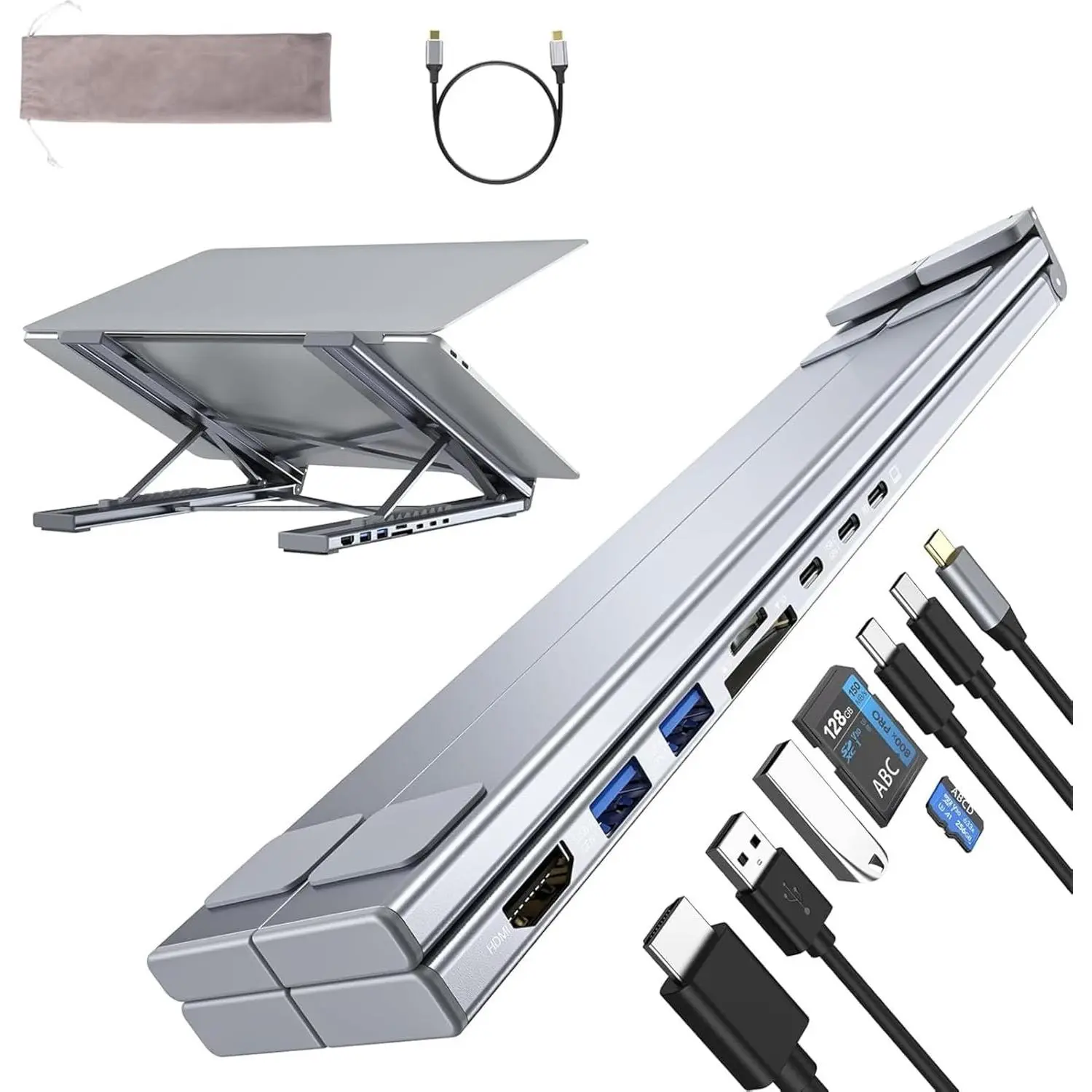 Laptop Stand with Docking Station, 8 in 1 USB C Hub HDMI Portable Laptop Stand for Desk with USB Ports, Multiport USBC Dock Stands Foldable Adjustable Computer Riser Holder Dongle for MacBookGift