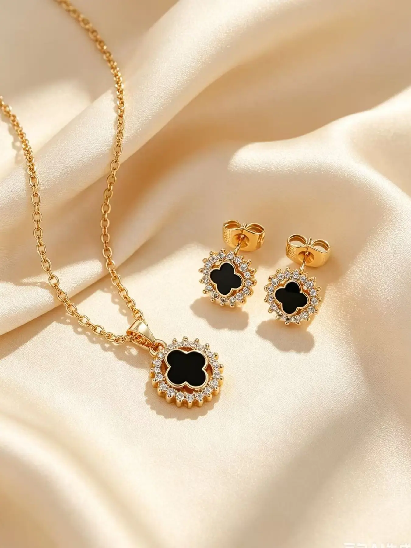 Four-Leaf Clover Necklace Set, Elegant Fashion Rhinestone Earrings, Lockbone Chain Jewelry Kit, Stylish Accessory Collection, Necklace And Earring Set