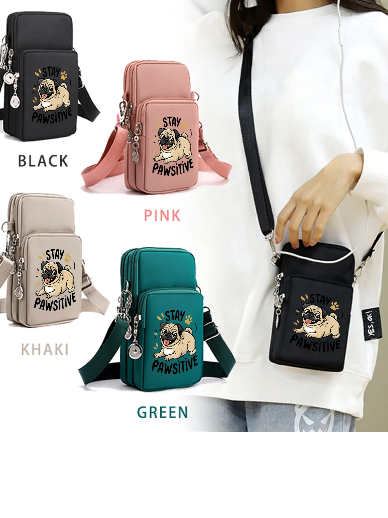 Pug Pattern Crossbody Bag, Casual Shoulder Bag, Lightweight Phone Bag with Headphone Jack, Adjustable Shoulder Strap, Multi‑zipper and Multi‑pocket Design, Ideal for Daily Shopping and Commuting, A Perfect Gift.