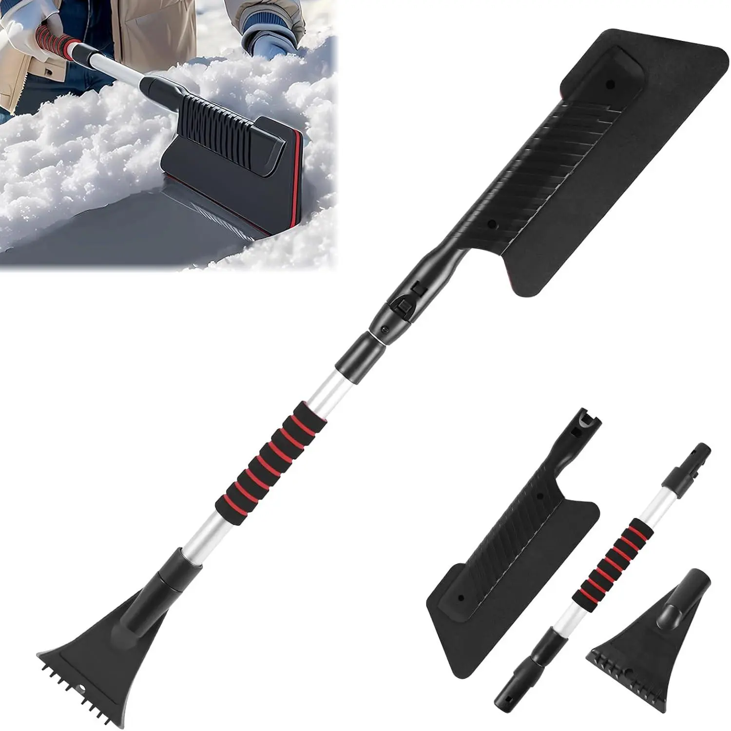 2-in-1 Snow Brush & Ice Scraper, 32"–40" Extendable Ice Scrapers Car Windshield Window, EVA & ABS Detachable Snow Removal Tool with Foam Grip Cars Trucks SUVs, Winter Car Accessories