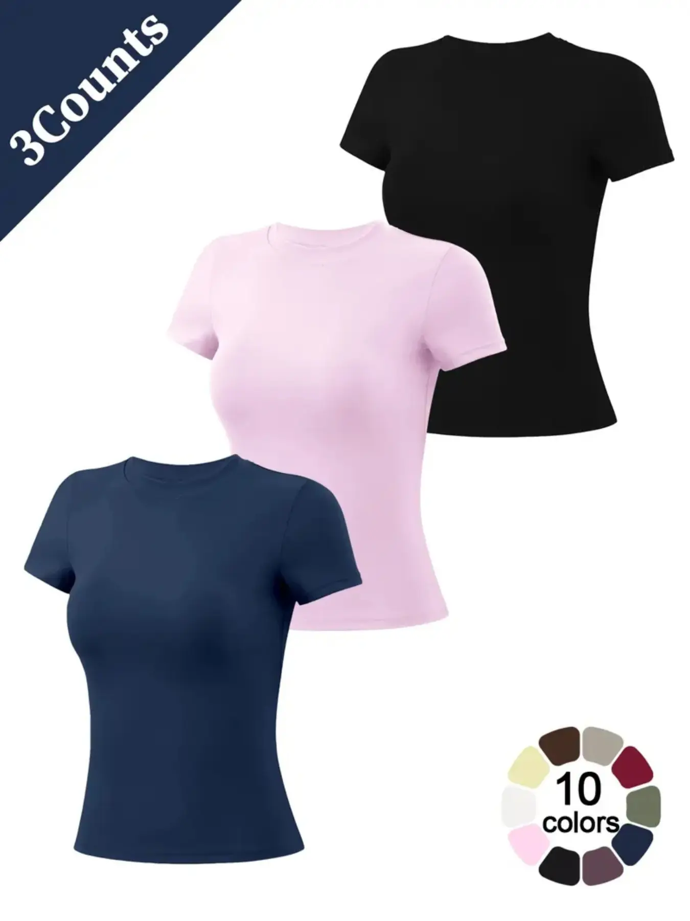 Women's Round Neck Slim Fit Short Sleeve T-Shirt, Soft Stretch Basic Top, Casual Yoga Fitness Layering Shirt, Solid Colors Available, Stretch Athletic Tee