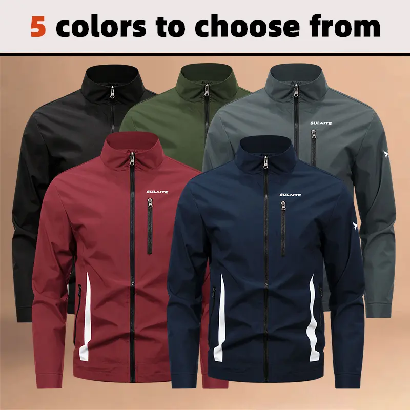 Men's stand collar riding jacket, thin style, windproof and waterproof motorcycle jacket, contrast color side zipper pocket, breathable outdoor sports windbreaker, running commuting versatile casual racing suit, loose fit