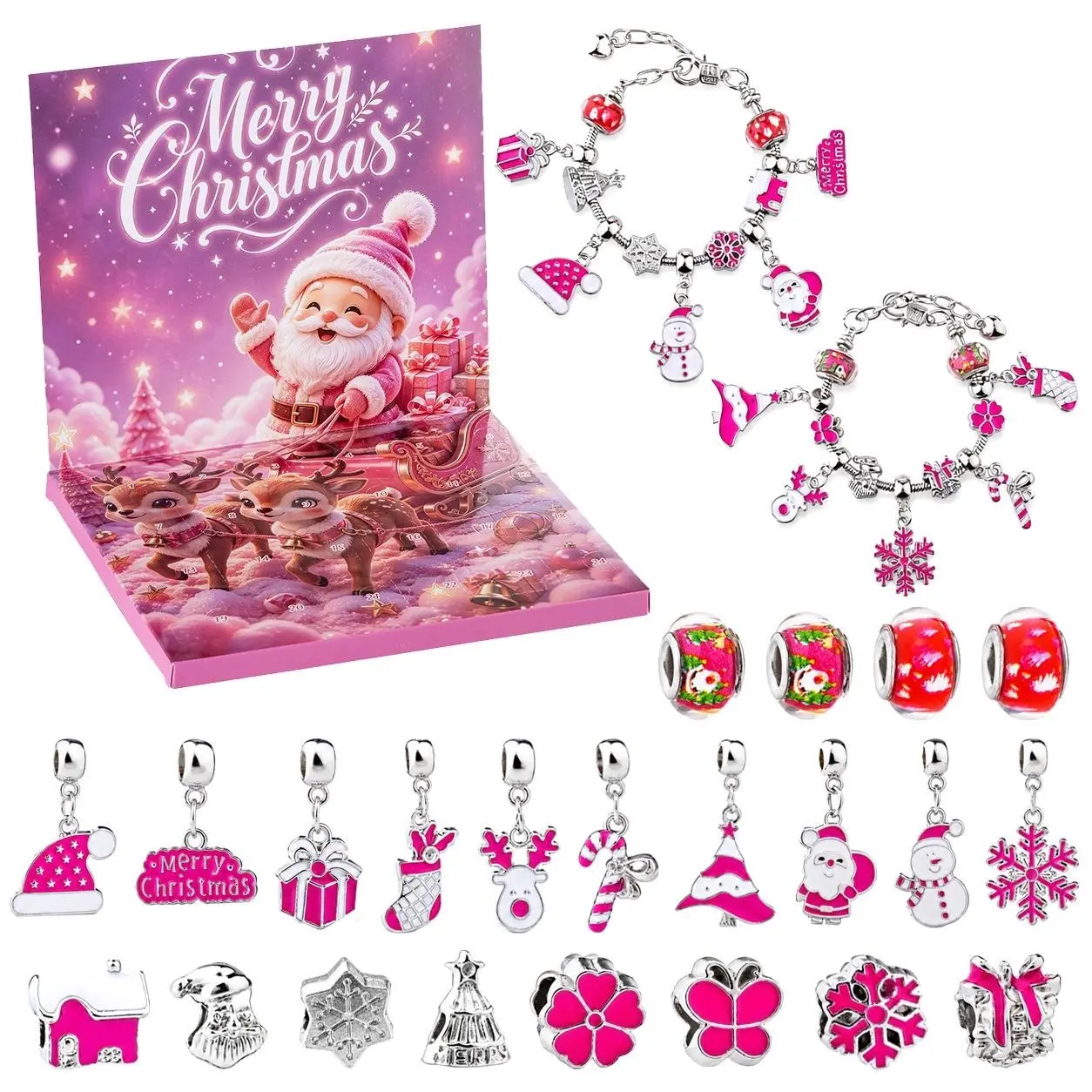 1 Set Christmas DIY Charm Bracelet Advent Calendar, Pink Santa Xmas Countdown Gift Box with Mix Metal Beads Pendants, Handmade Jewelry Making Kit, Perfect Holiday Gift for Girls Teens and Friends