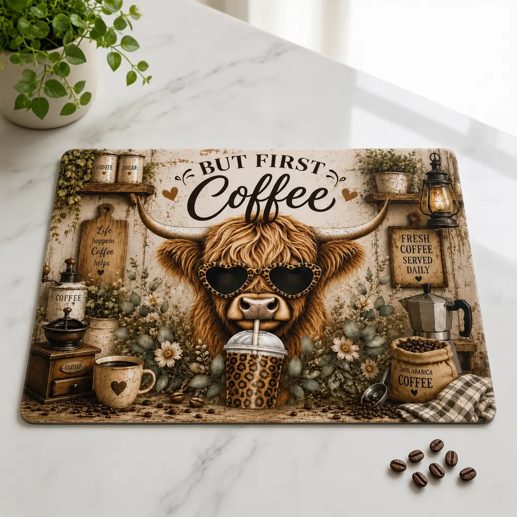 Highland Cow Coffee Mat Farmhouse Kitchen Decor Rustic Coffee Bar Gift Cute Cow Non Slip Coffee Station Mat