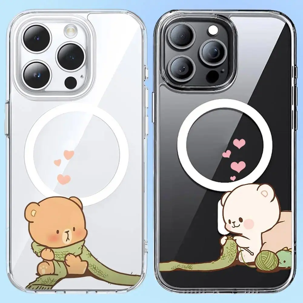 Plush Bear Warm Love Matching Couple Smartphone Casing & Paired Acrylic Card Holder Wallet, Magnetic Shockproof Accessories with Clear MagSafe Compatibility, Handheld Cover for iPhone 16 Pro Max & Samsung Galaxy S24