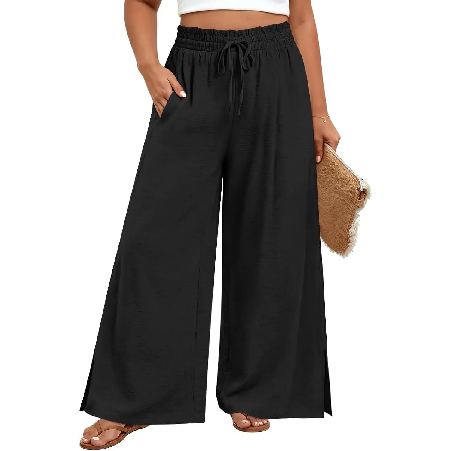 Womens Plus Size Wide Leg Pants Casual Adjustable Palazzo High Waisted Trousers with Pockets
