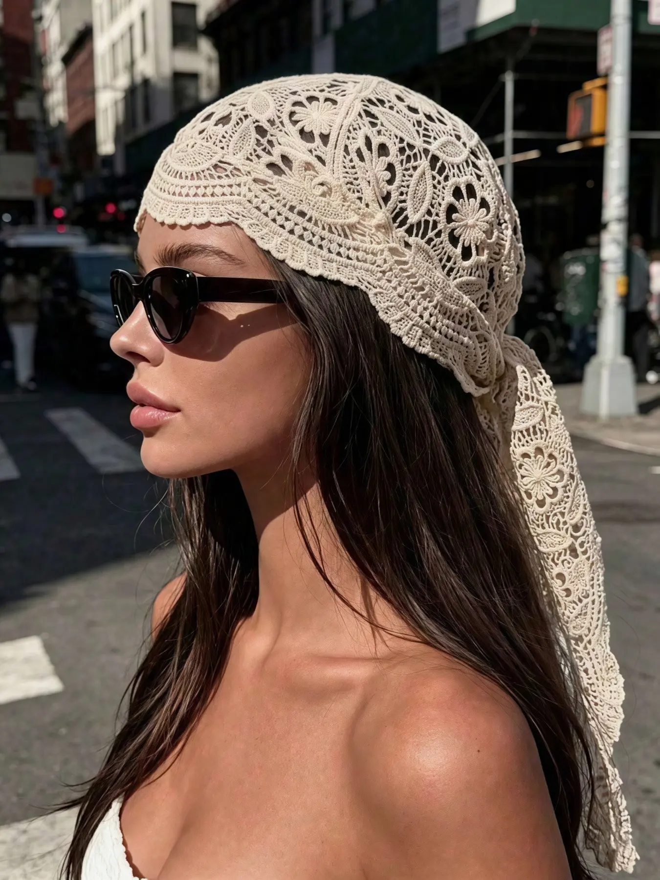 1pc Solid Color Crochet Floral Lace Thin Outerwear Triangle Knot Scarf For Women, Spring/Summer Stylish Decorative Collar Trim, Minimalist Scarf Head Wrap