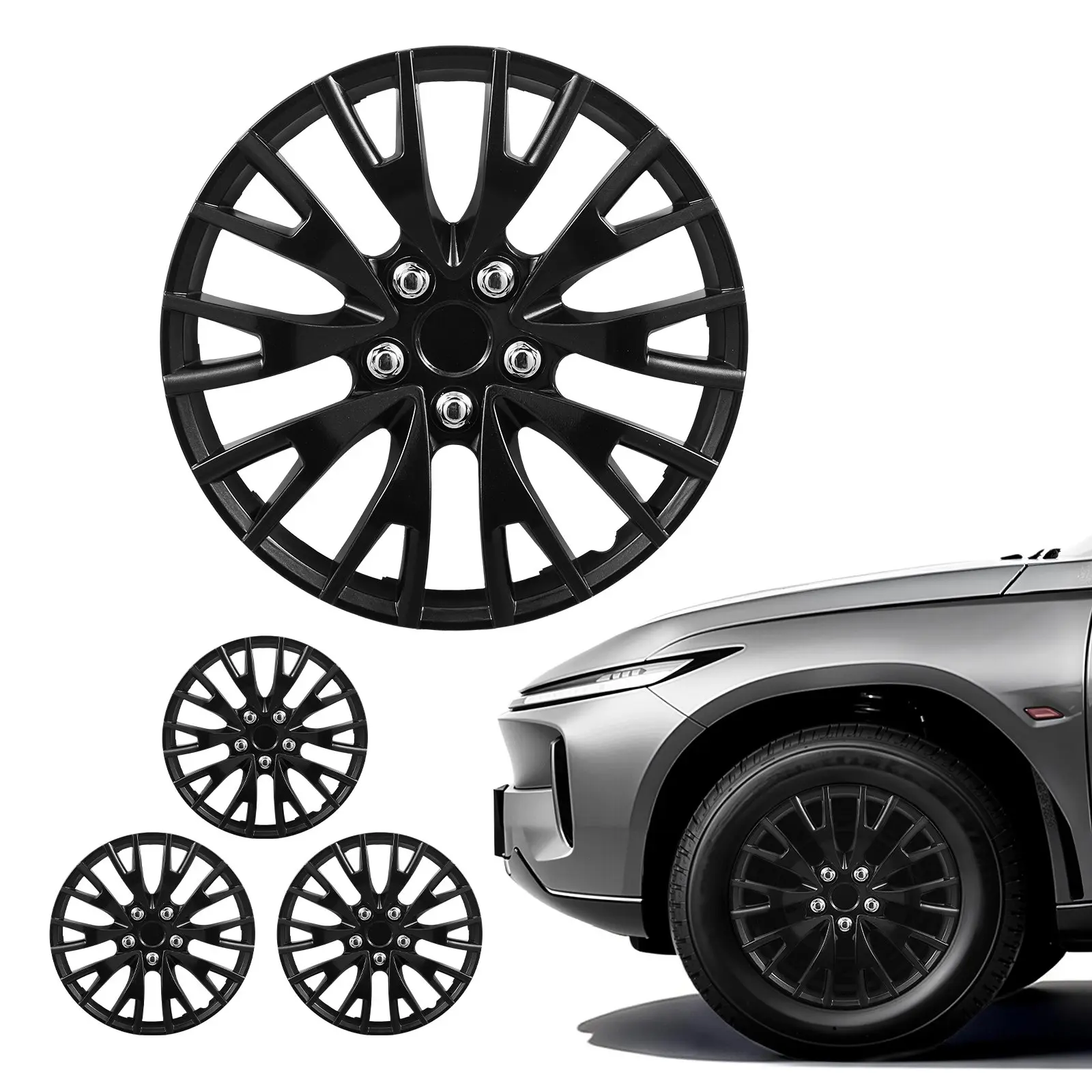 【Summerfinds】VEVOR 16-Inch Snap-On Hubcaps Set of 4, Full-Coverage Multi-Spoke ABS Plastic Wheel Covers, OEM Replacement for Steel Wheels, Gloss Black with Scratch Concealment, Fit Hyundai Chevrolet, Ideal Replacement Solution, R16 Size, Tool-Free, Three-
