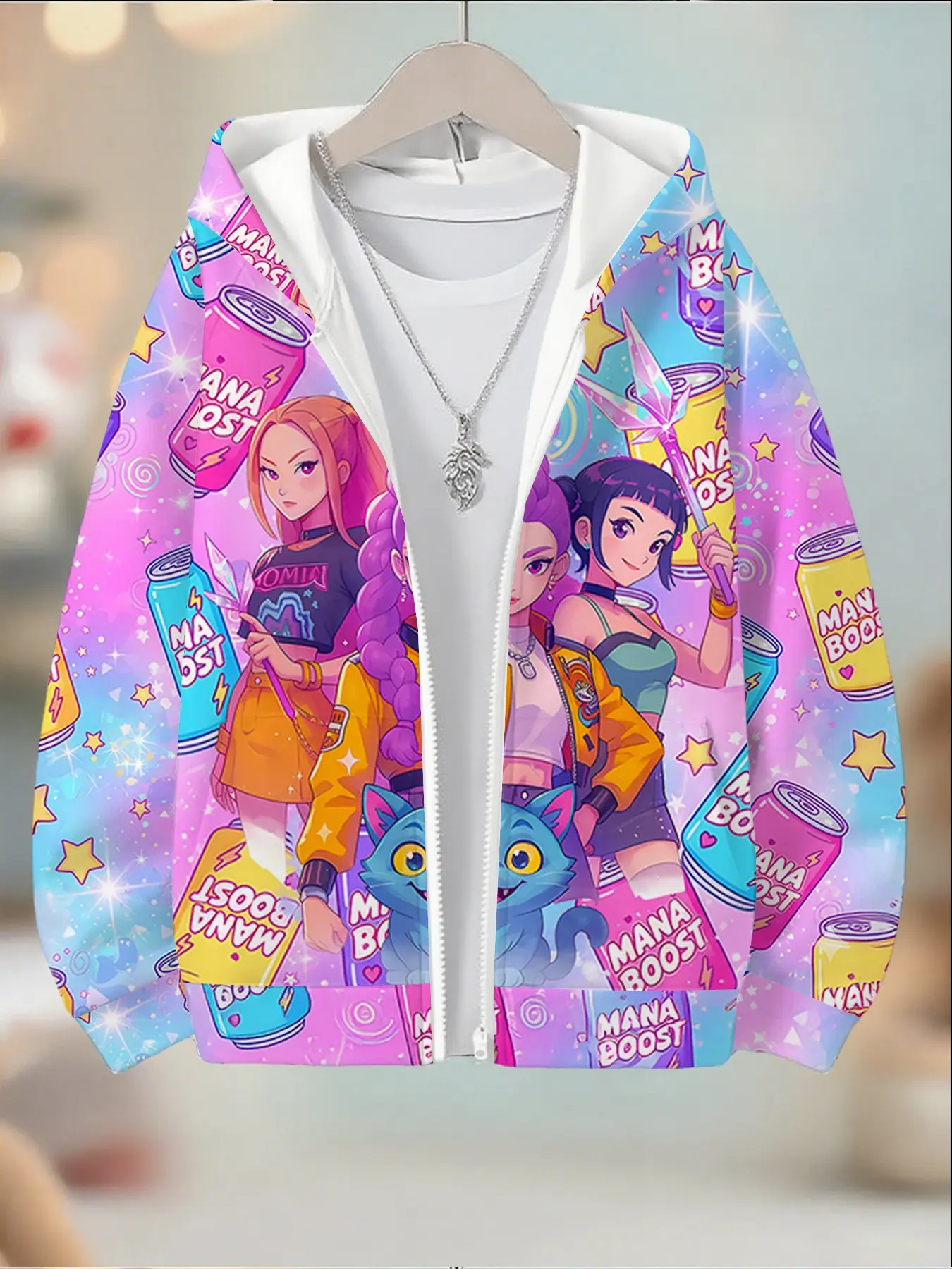 Girls' Spring Fall Zipper Hoodie Jacket, Zip Up Jacket, Blue Soda Can Cartoon Full Print Long Sleeve, Perfect for Christmas Halloween Birthday Gifts
