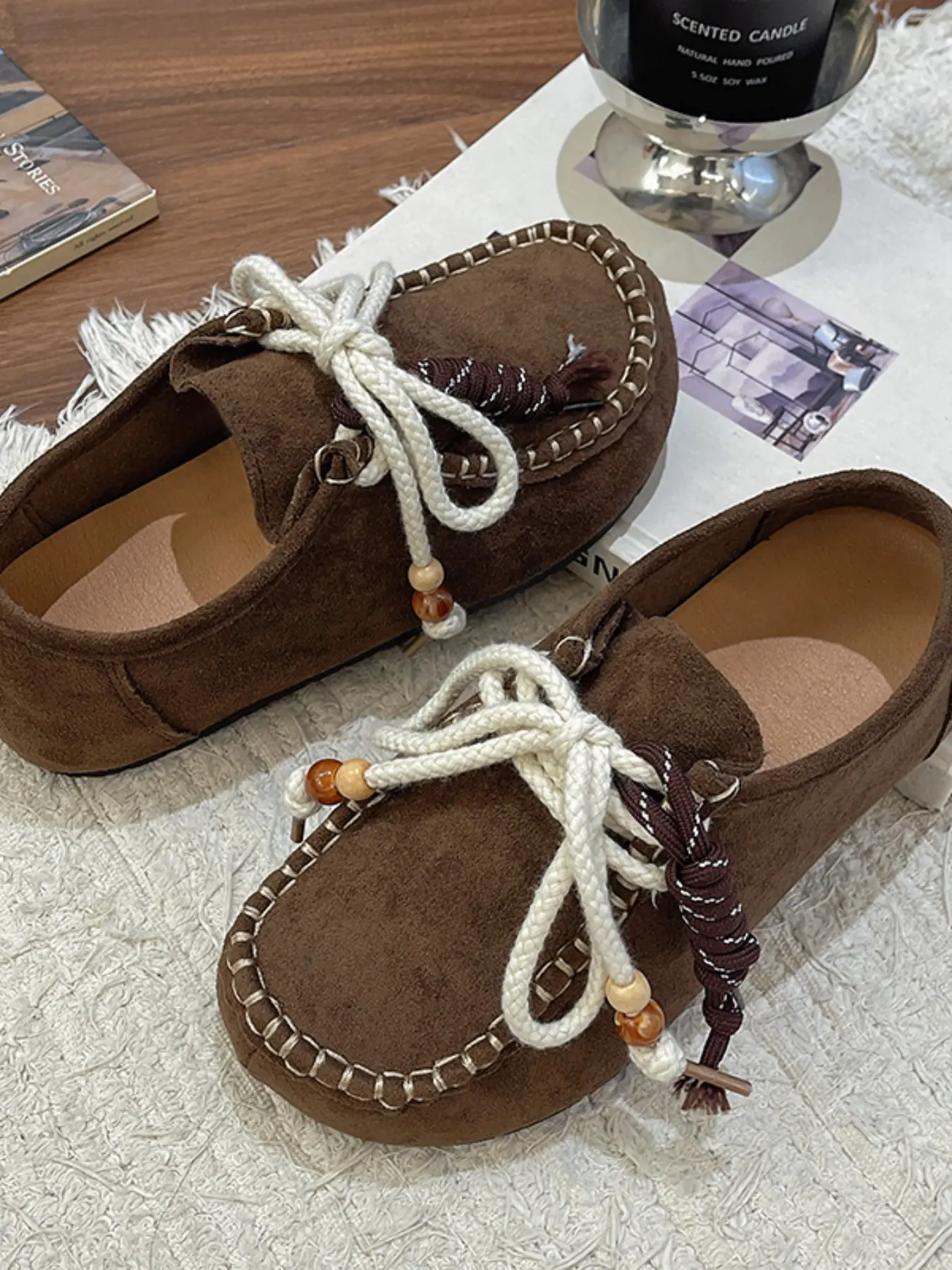 Women Bohemian Beaded Bow Moccasin Shoes Slip‑On Flat Loafers Faux Suede Casual Shoes For Back To School Daily Walking