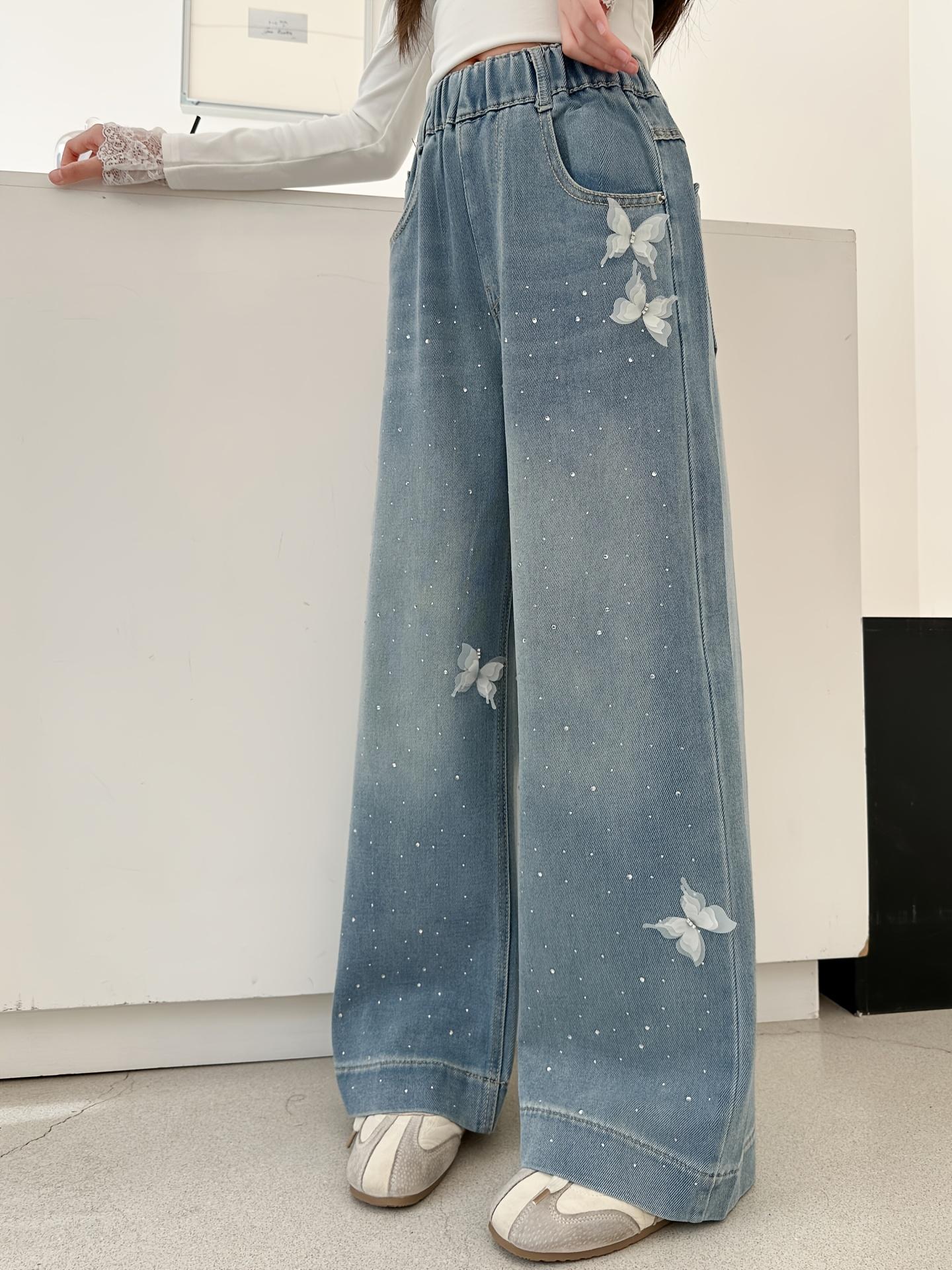 Girls' butterfly pattern jeans, children's straight wide-leg pants