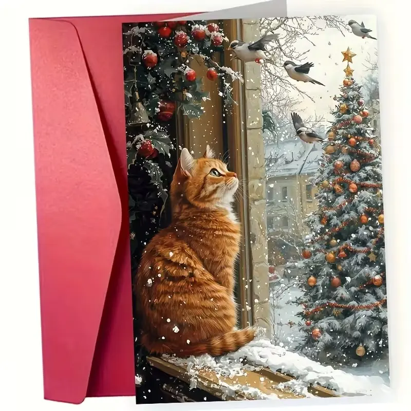 Cute Cat Christmas Card, Orange and White Tabby Cat Gazing at Birds, Snowy Christmas Tree and Cozy Winter Scene, Envelope Included, Holiday Greeting for Family and Friends