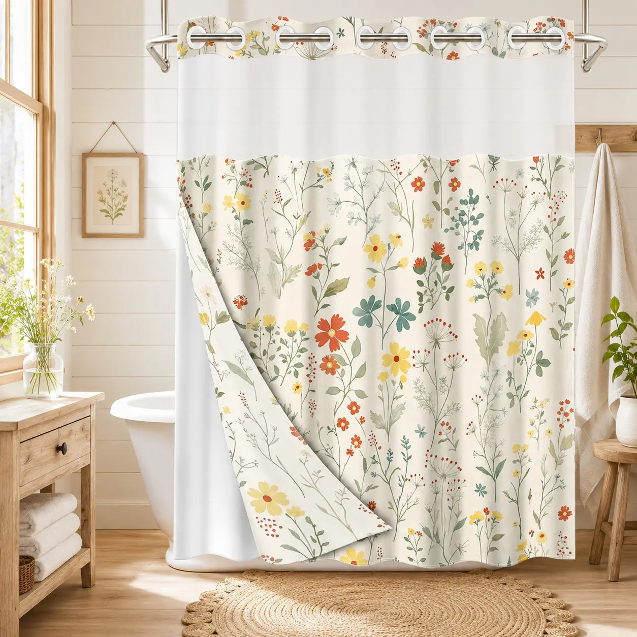 1pc hookless decorative shower curtain, Bathroom curtain, Bathroom Decorations, off-white background with small floral pattern design, 2D flat printing, fabric waterproof lining, see-through double-layer, 71 x 74 inches